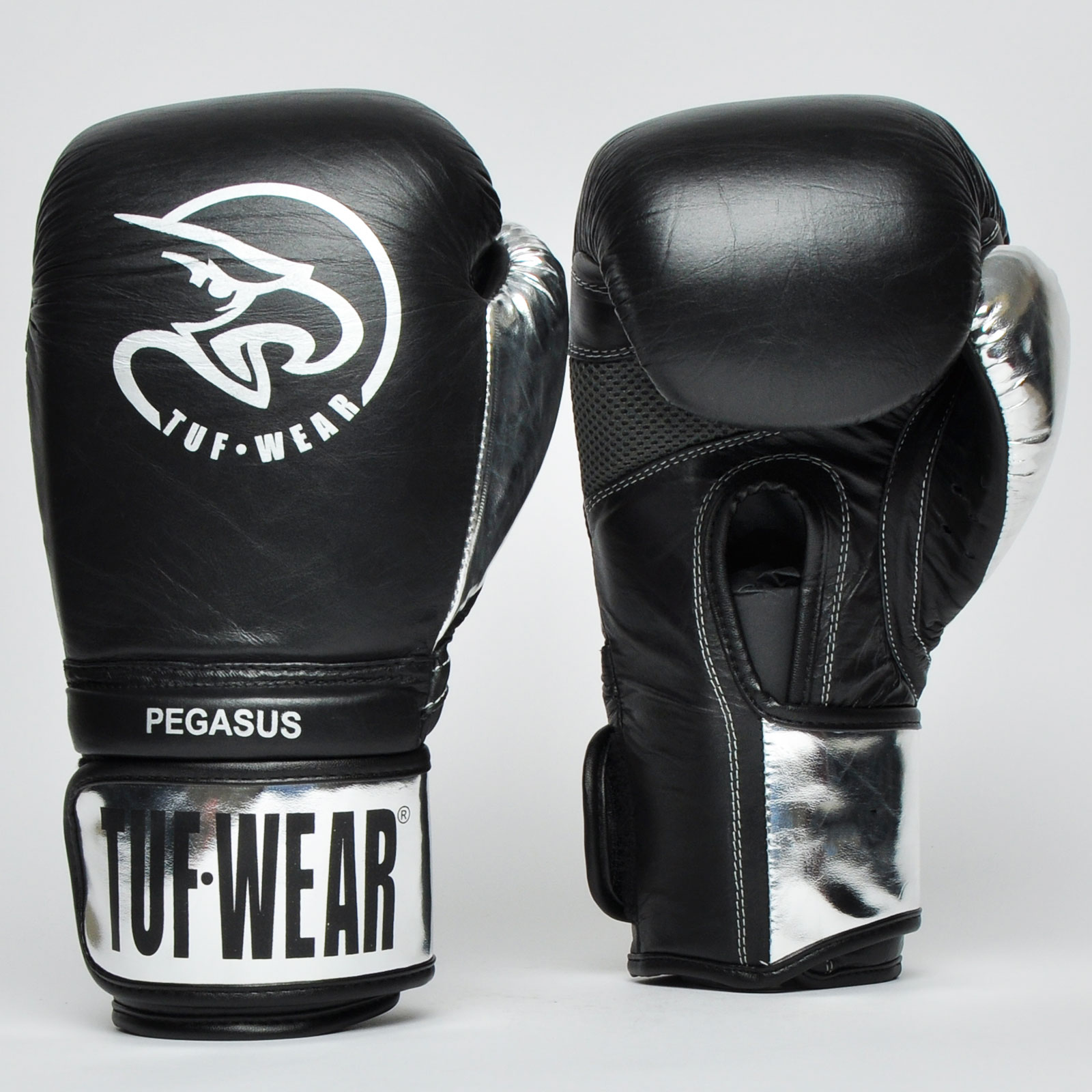 Tufwear Boxing Gloves Leather Pegasus Training Glove Black Silver